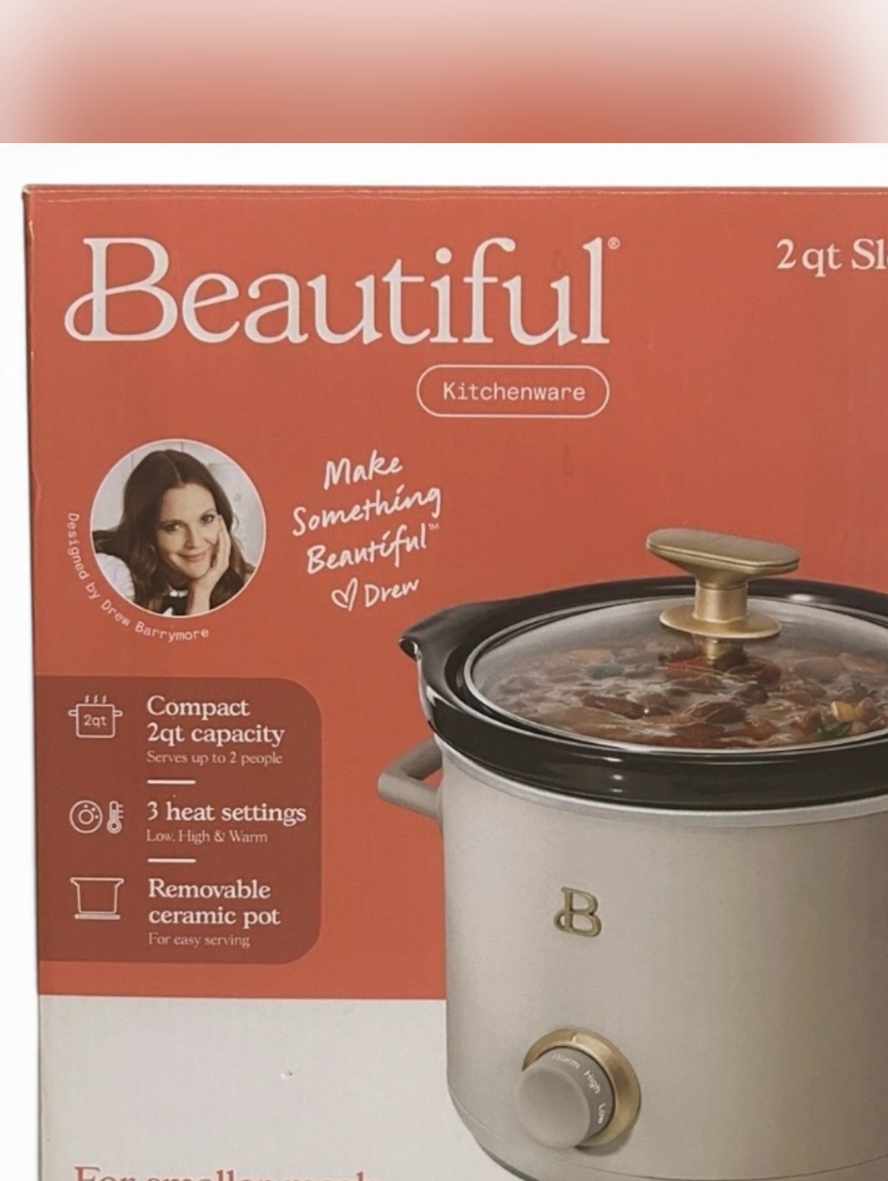 BRAND NEW Beautiful by Drew Barrymore 2qt Slow Cooker Taupe Party Apps Dips